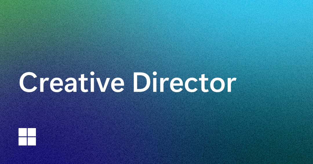 Text reads "Creative Director" on a gradient background transitioning from green to blue. A small, white, square logo is in the bottom left corner.