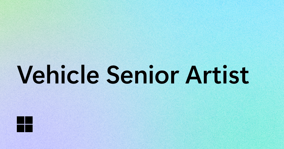 The image features the text "Vehicle Senior Artist" on a gradient background transitioning from green to blue. A small black window-like logo is at the bottom left corner.