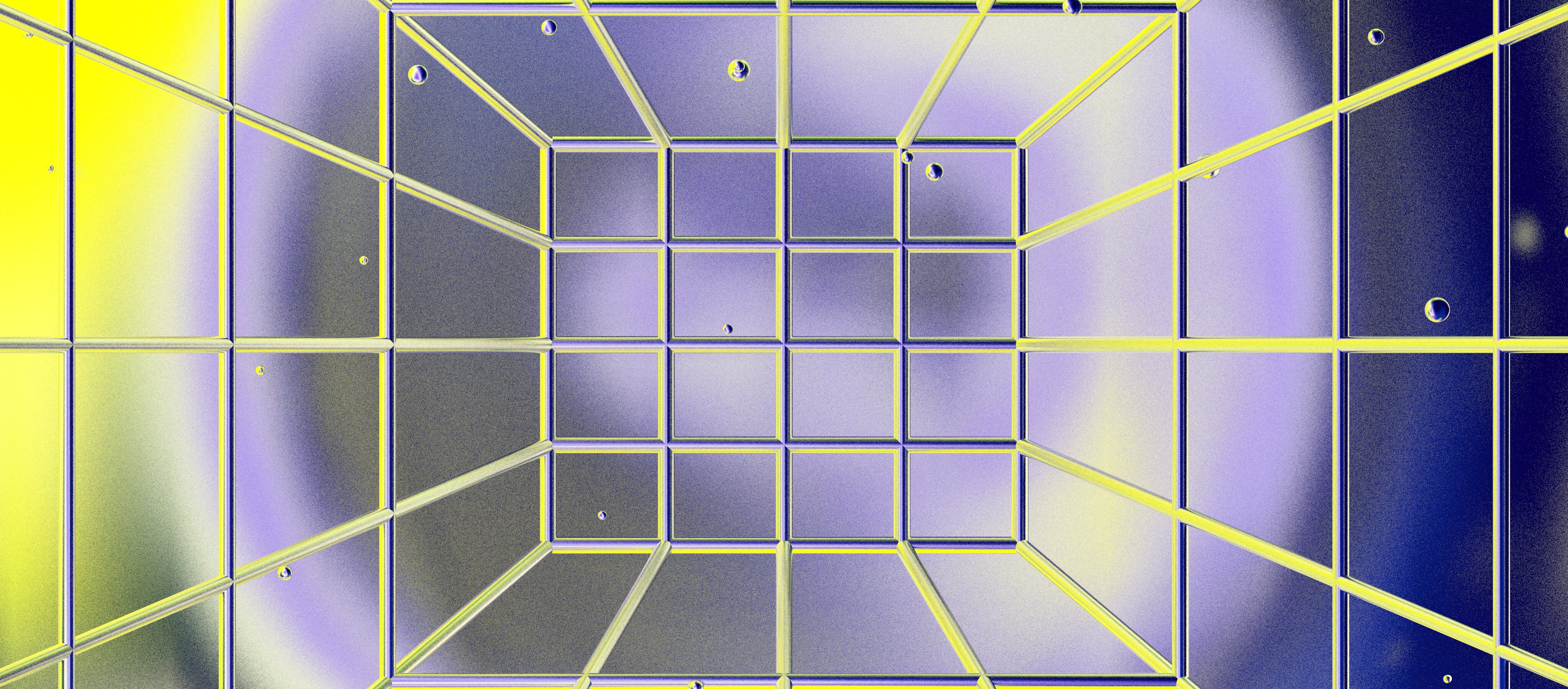 A digital artwork showcases a 3D grid of cubes with a reflective surface, enhanced by AI-driven design. The cubes form a tunnel-like perspective, with gradients of yellow and purple crafting an abstract, futuristic ambiance. Small droplets or bubbles float throughout the scene.