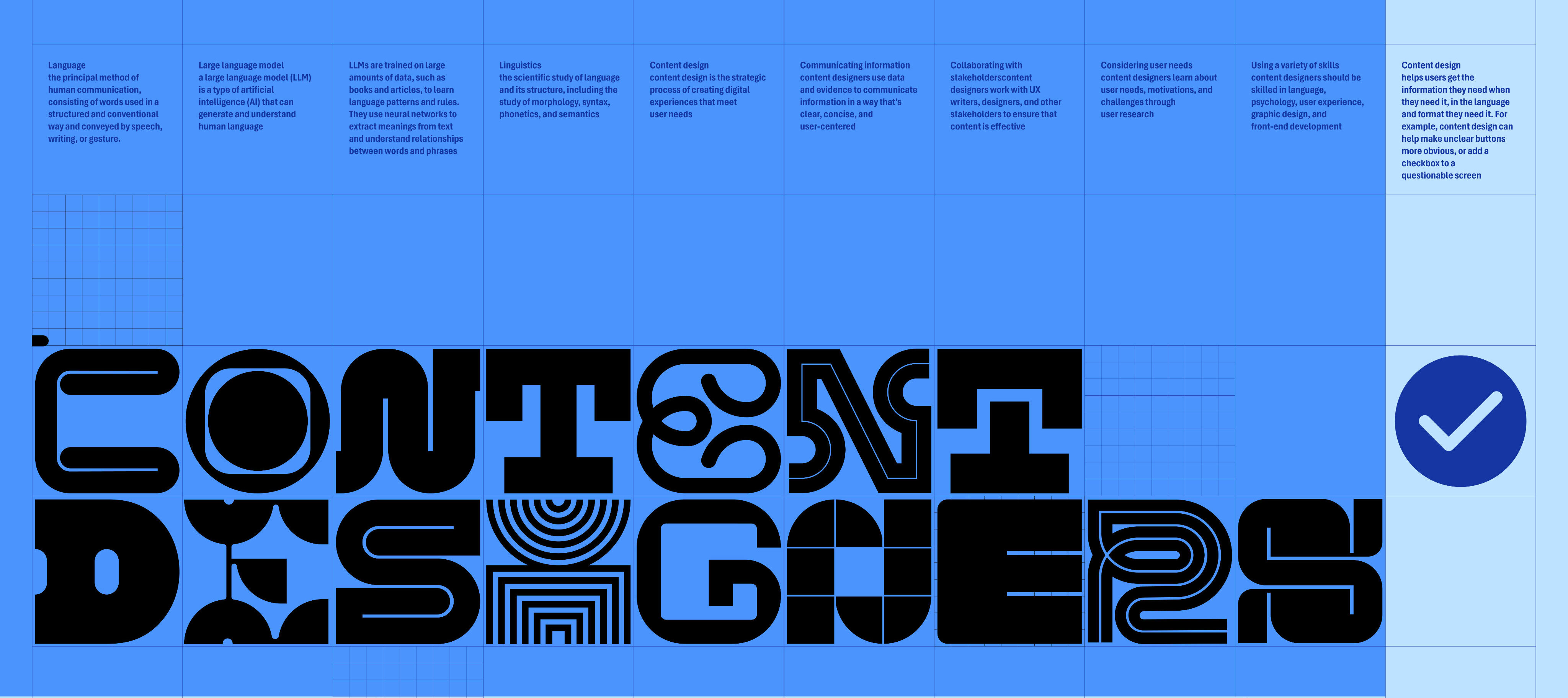 Graphic with bold, stylized text reading "Content Designers" and a subtitle "The unsung heroes of design." Additional smaller text notes the role of former English majors in technology and design. Features abstract shapes and a checkmark symbol.