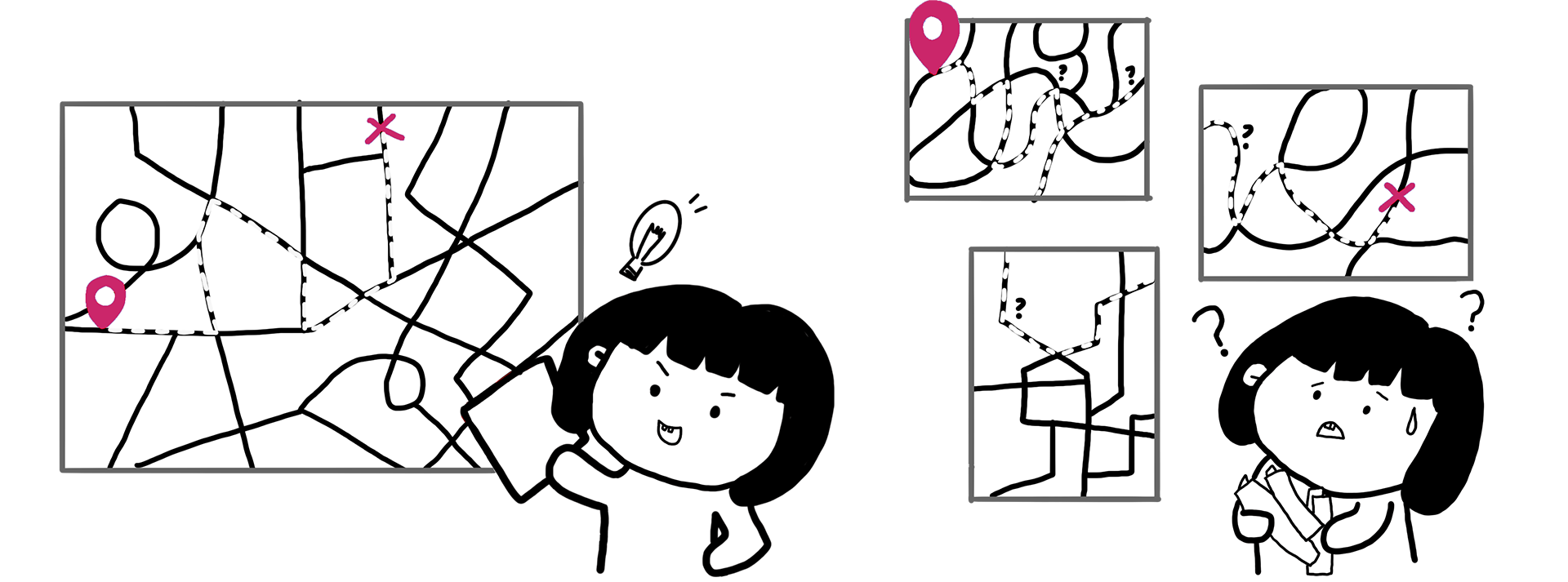 A cartoon character looking at various maps. One map has a dashed path marked between a location pin and an X. The character appears curious and confused, holding a pointer and thinking with question marks above her head.