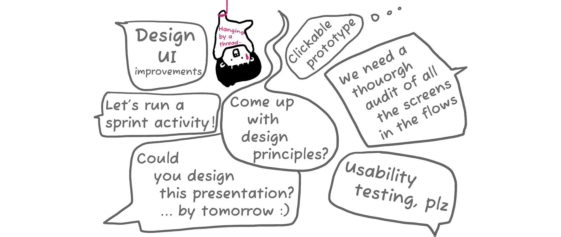 Illustration of a whiteboard with various speech bubbles around a distressed character. Text includes "Design UI improvements," "Clickable prototype," "Come up with design principles," and more, depicting a chaotic design process.