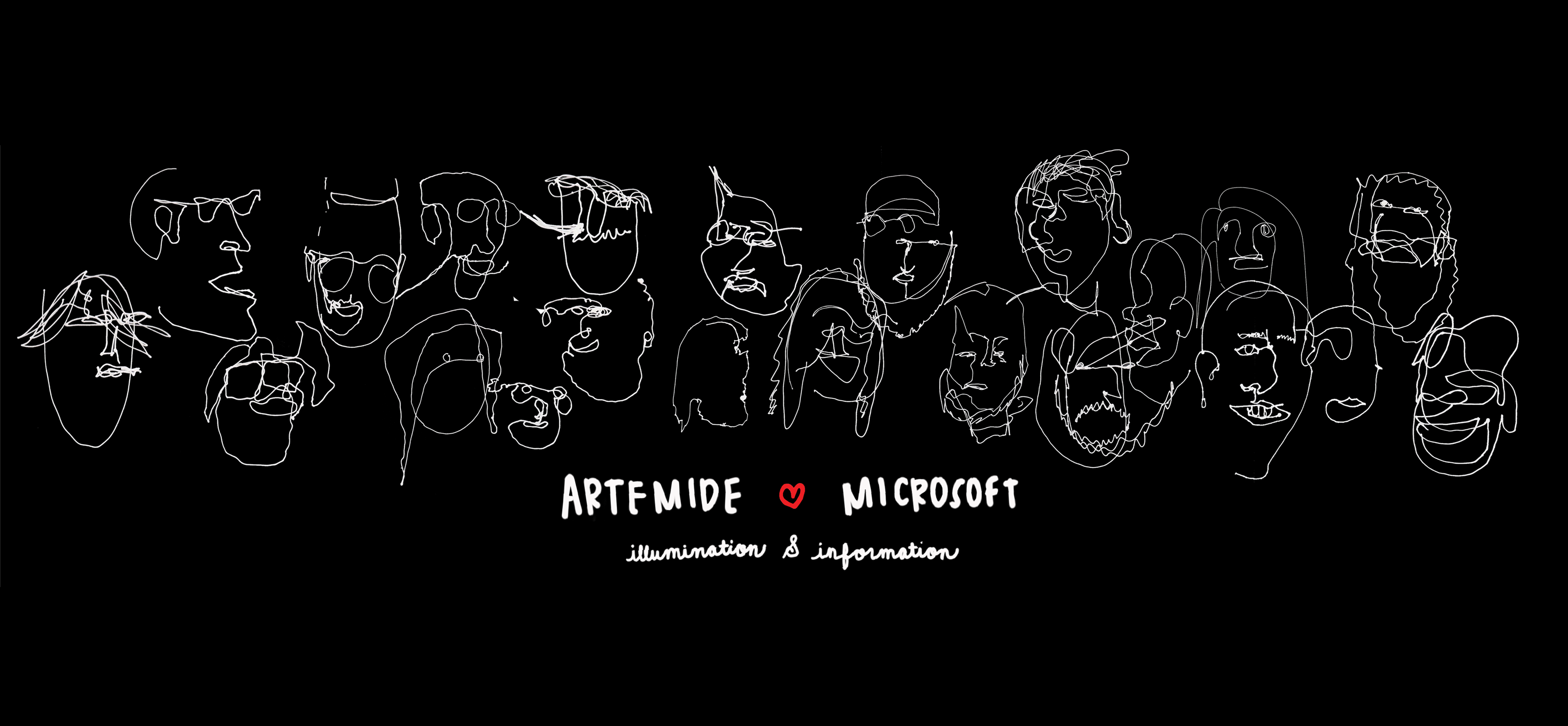 Continuous white line art of diverse faces on a black background highlights "Aretmide ♥ Microsoft" and "illumination & interaction" below.