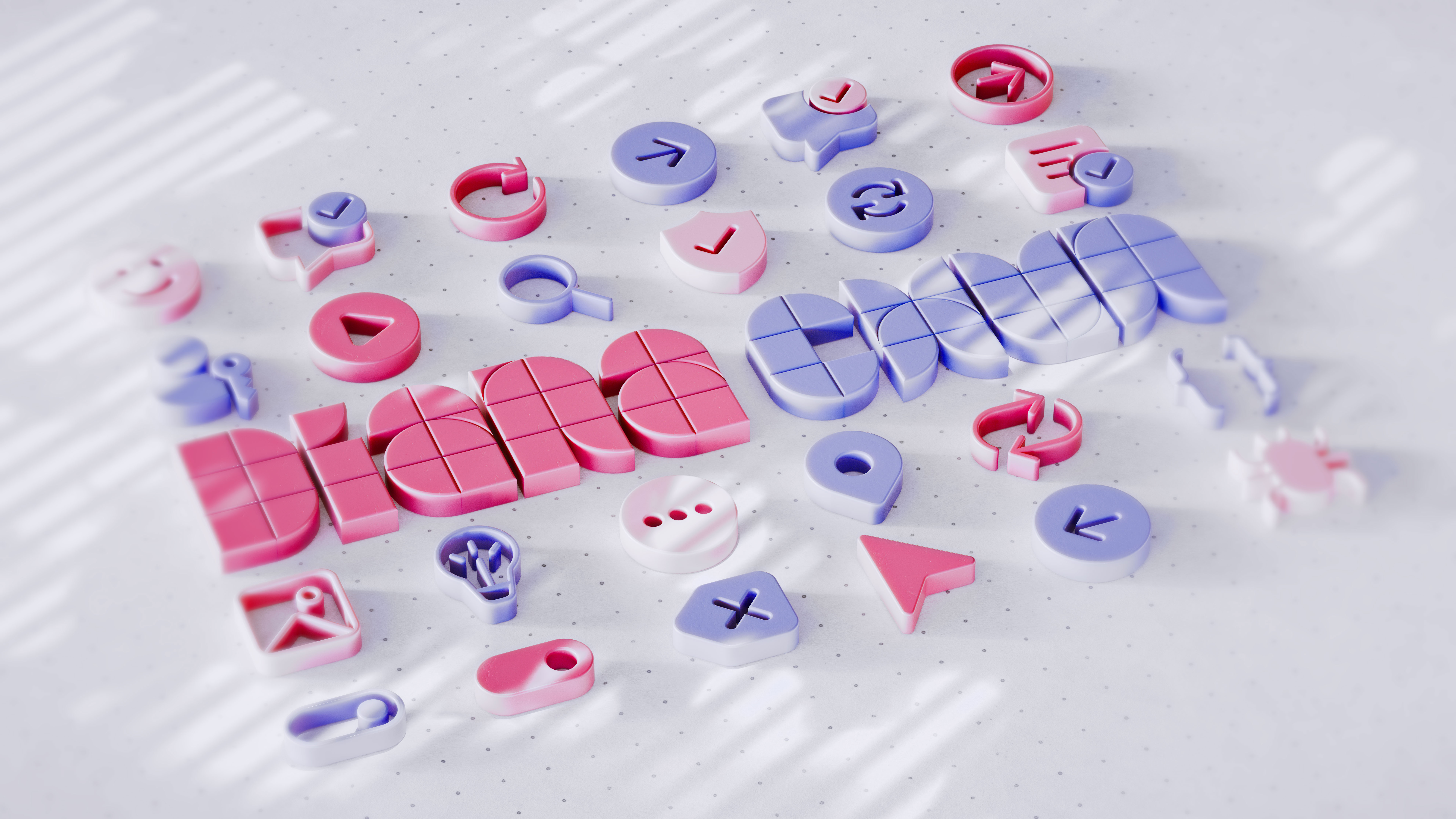 3D-rendered pink and purple abstract shapes and icons against a white background. Shapes include arrows, magnifying glasses, and other common symbols. The words "brand team" are formed with block letters in the center.