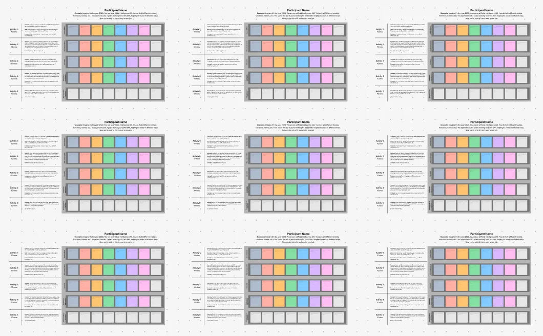 A grid layout containing nine identical patterns, each featuring rows of colorful rectangles in cyan, orange, purple, and salmon hues. The patterns are surrounded by gray borders, and each has a labeled section with text on the left.