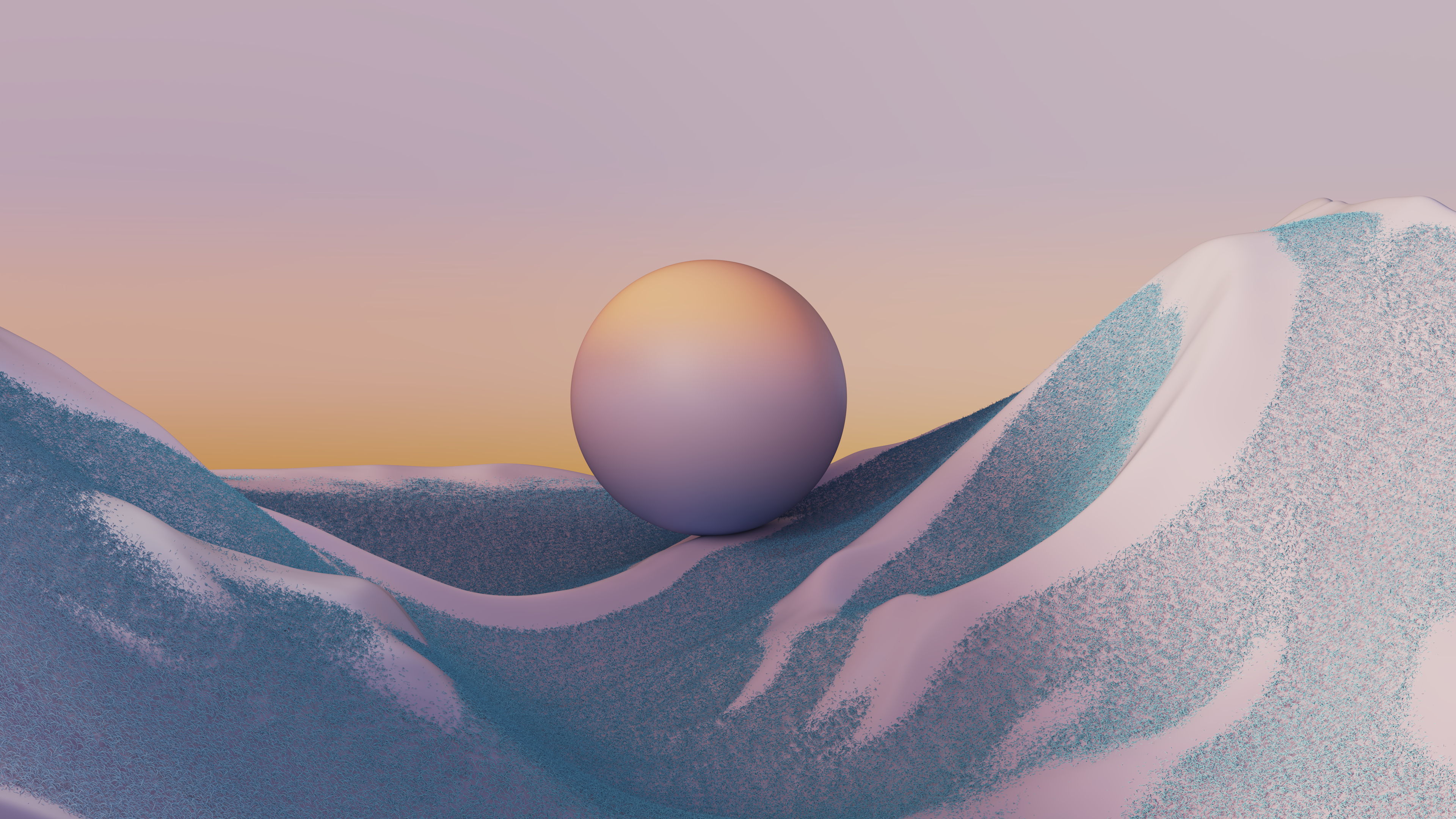 A large, smooth sphere sits atop a landscape of undulating, snow-like hills with shades of blue and pink. The sky transitions from soft orange to gentle purple, creating a serene and surreal atmosphere, perfect for dreamy wallpapers.