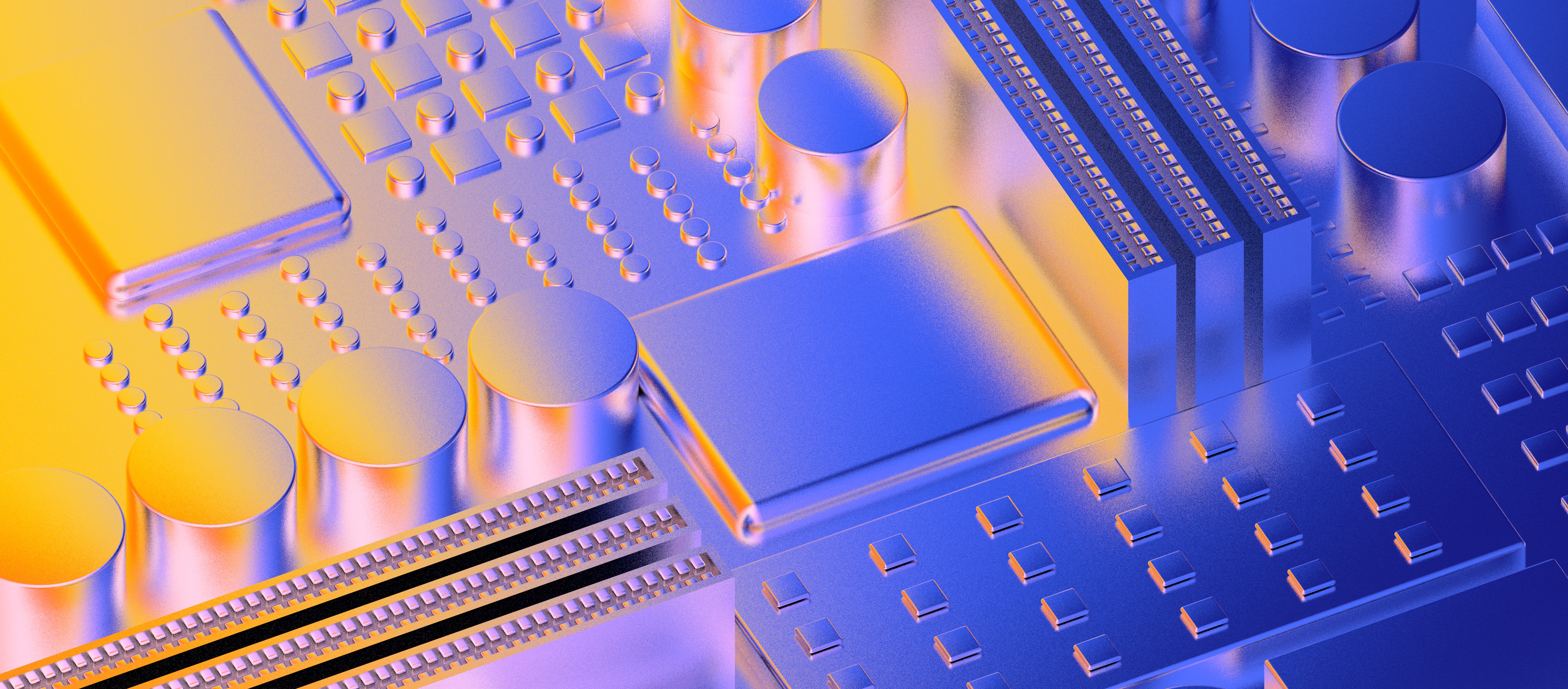 A close-up of a stylized circuit board in shades of blue and orange. The image features various geometric shapes like circles, rectangles, and parallel lines, creating a futuristic and abstract appearance.