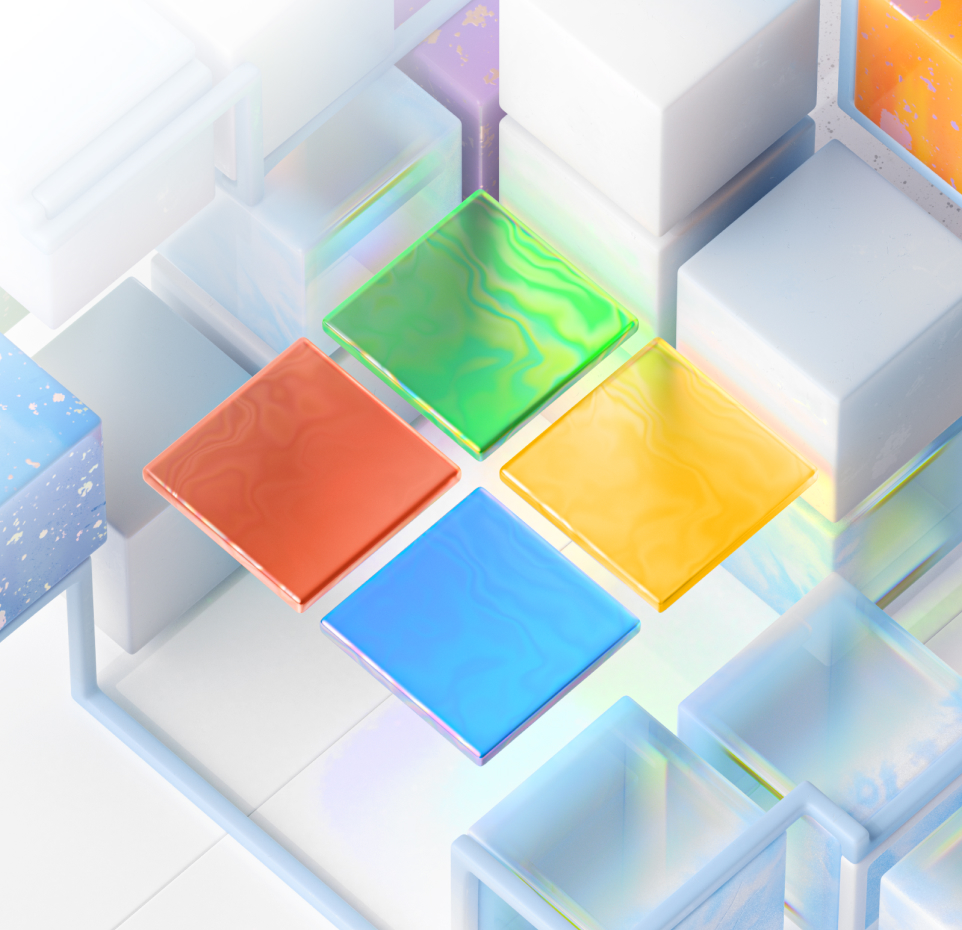 Colorful, translucent tiles forming a square, arranged in red, green, blue, and yellow. Surrounded by abstract, reflective cubes and geometric shapes with a glossy, iridescent appearance.