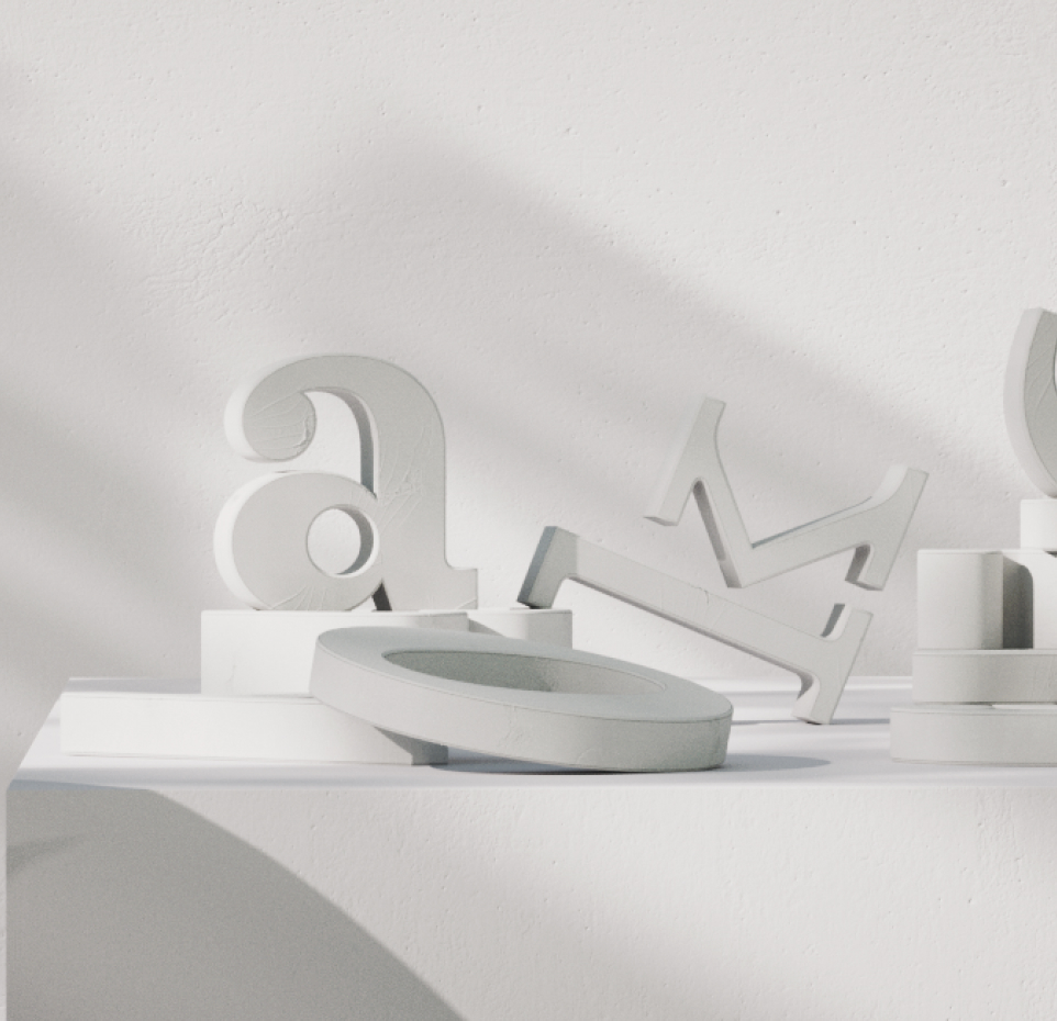 White 3D letters "a," "m," and "j" and a cylinder on a white surface, casting soft shadows against a white wall. The minimalist composition creates a sense of calm and balance.