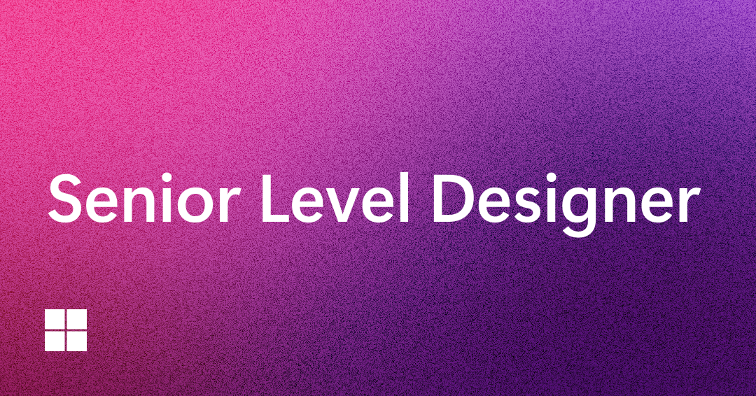 Text reading "Senior Level Designer" is displayed in white against a pink to purple gradient background. A small white square with a cross, resembling a simplified window icon, is in the bottom left corner.