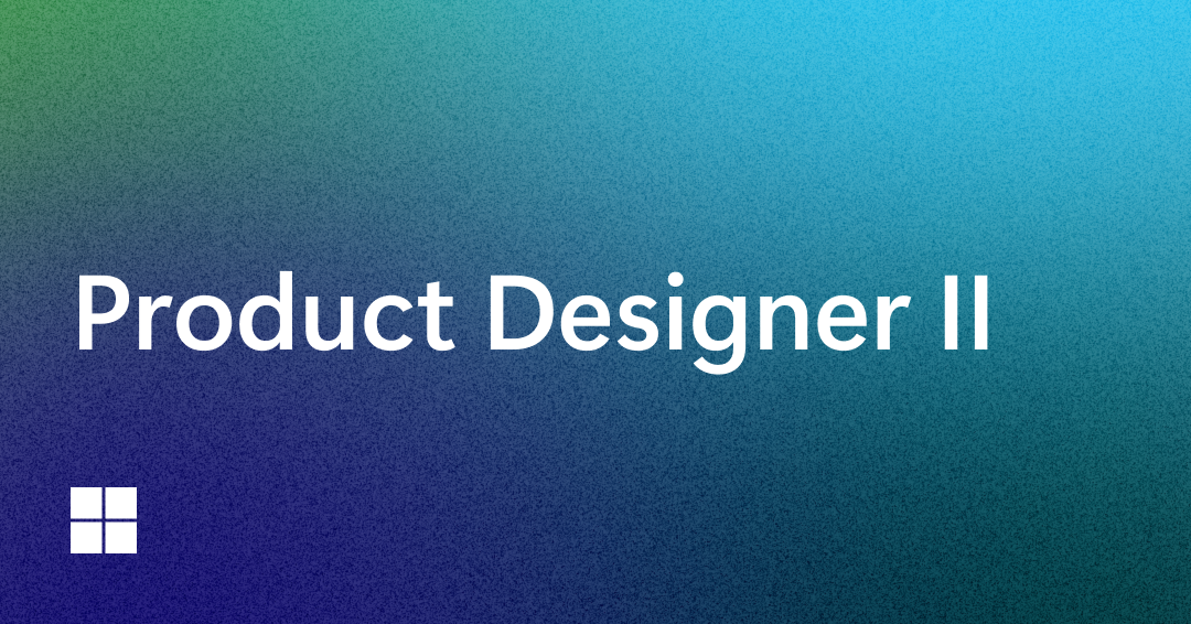 Gradient background from green to blue with the text "Product Designer II" in white. A small white Windows logo is in the bottom left corner.