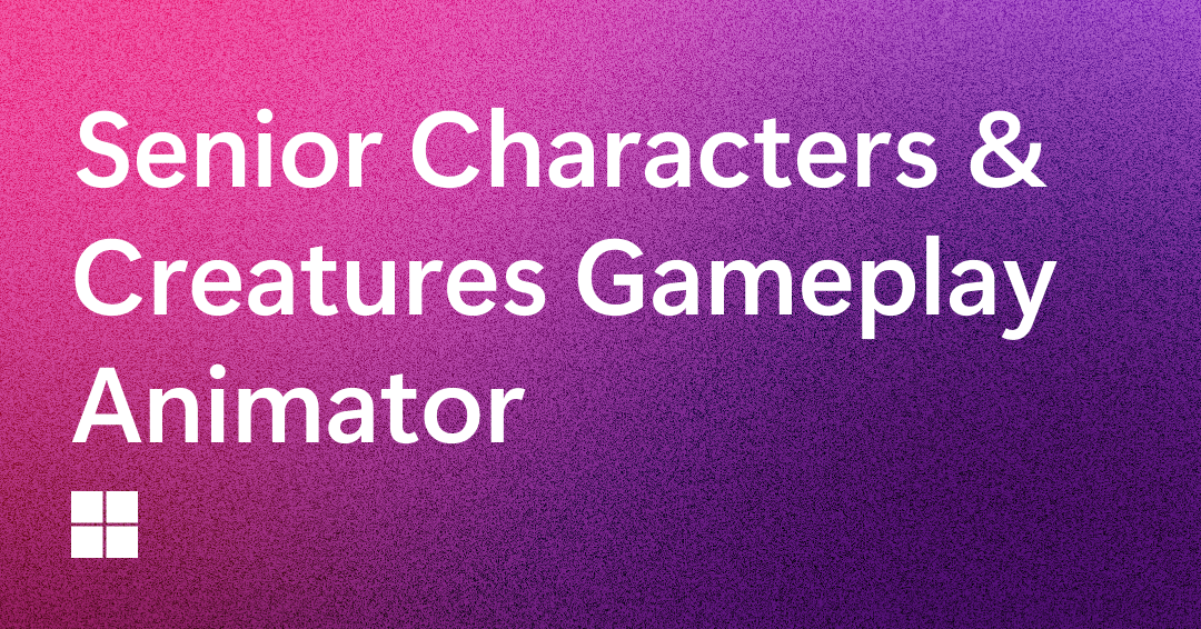 Text reading "Senior Characters & Creatures Gameplay Animator" on a gradient background transitioning from pink to purple. A small white logo resembling a window is in the bottom left corner.