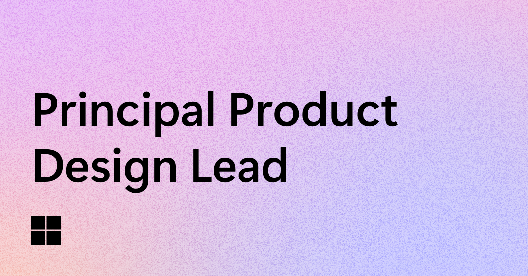 Text stating "Principal Product Design Lead" is centered on a gradient background transitioning from pink to purple and blue. A small black square logo, resembling four connected squares, is in the bottom left corner.