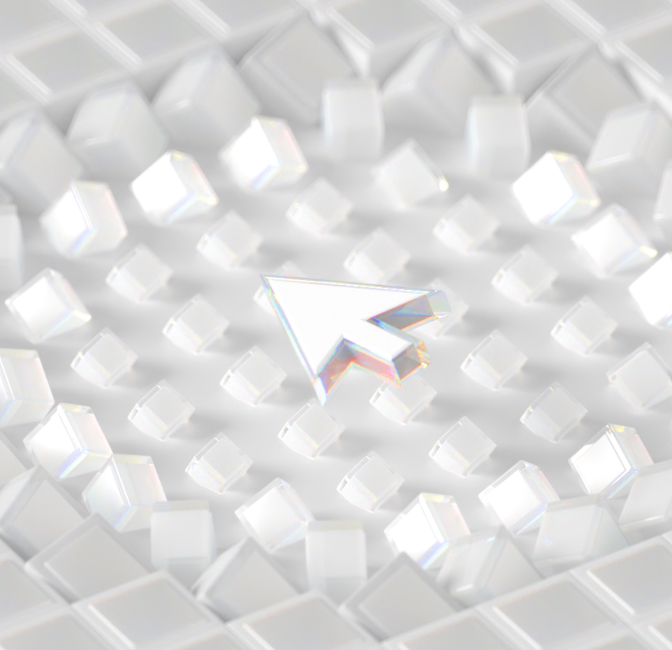 A 3D-rendered, white glossy arrow cursor in the center surrounded by smaller cubes on a white background, casting soft shadows and reflecting subtle rainbow colors.