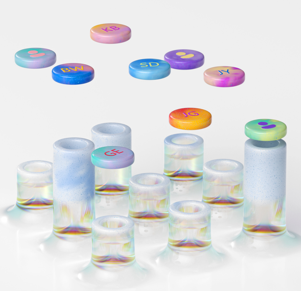 Colorful, translucent cylindrical shapes on a white background with pastel disks floating above. Each disk has different letters like "KB," "SD," and "GF." The scene has a soft, iridescent glow.