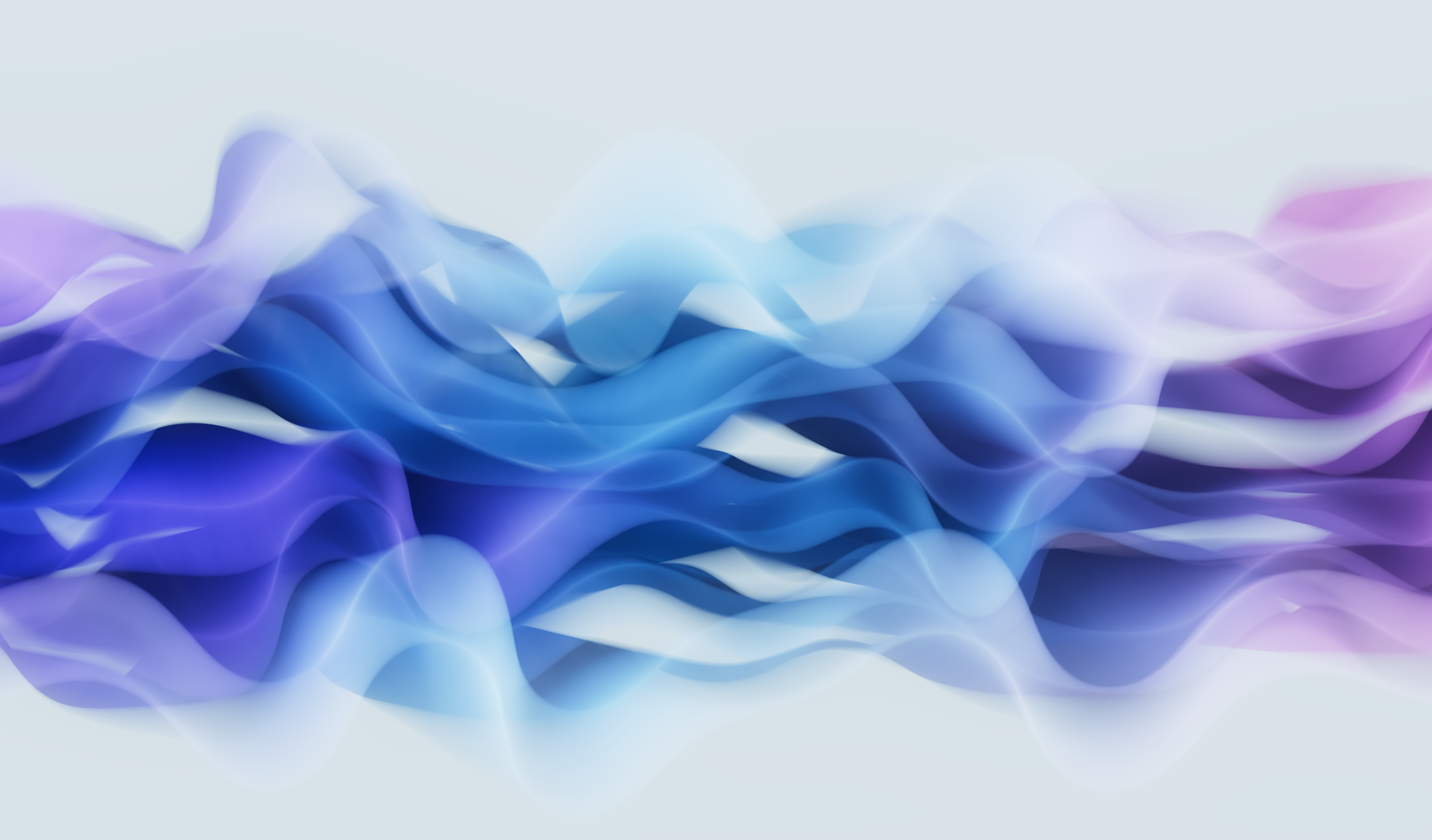 This abstract wallpaper showcases wavy, flowing shapes in blue, purple, and white, resembling gentle waves or ribbons on a light background. The colors blend smoothly, creating a sense of motion and fluidity perfect for any digital display.