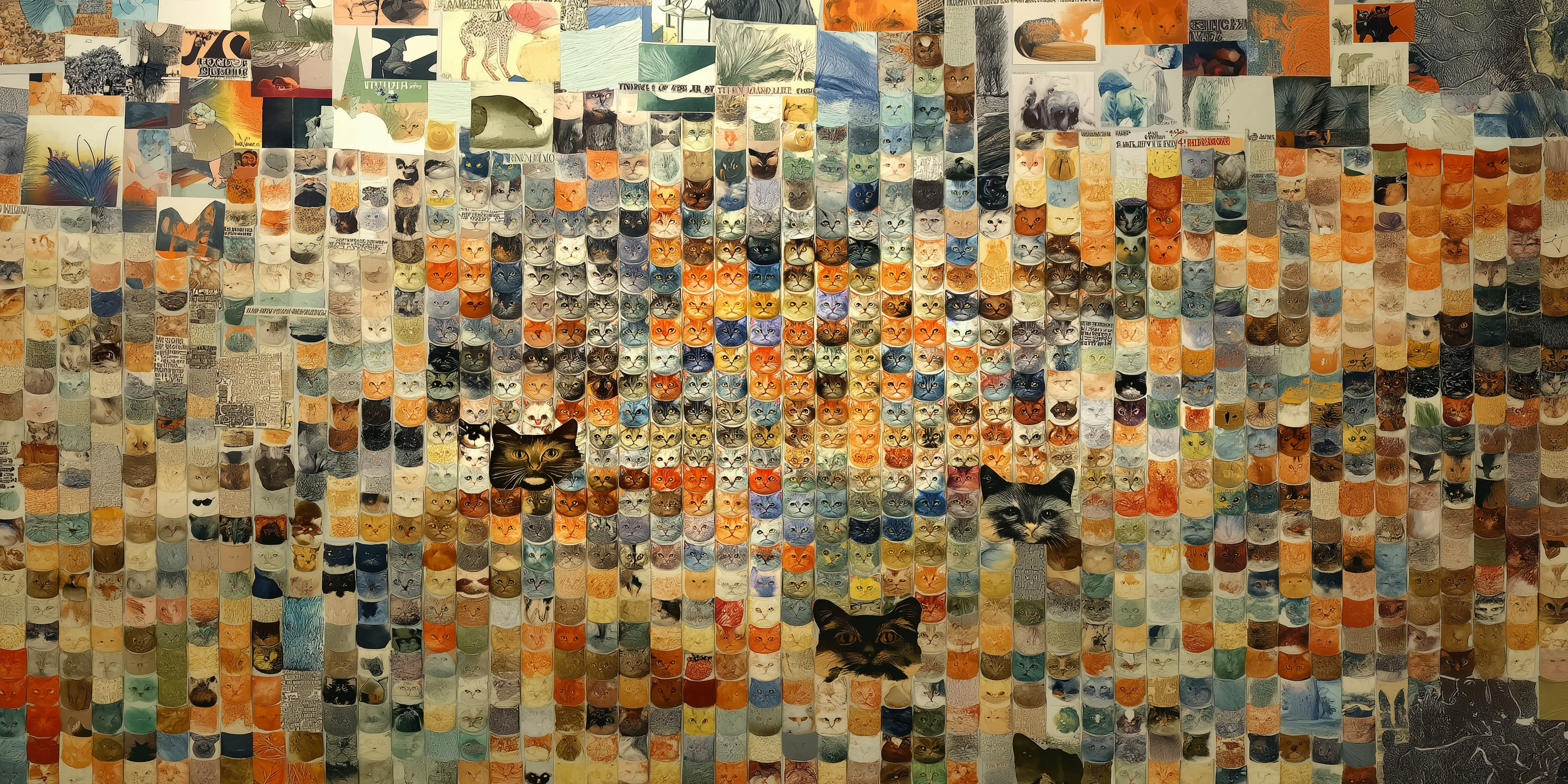 A collage of numerous small images of cats, arranged to form a larger image of a cat's face. The collage includes various cat breeds and colors, with each smaller image contributing to the detailed depiction of a feline.