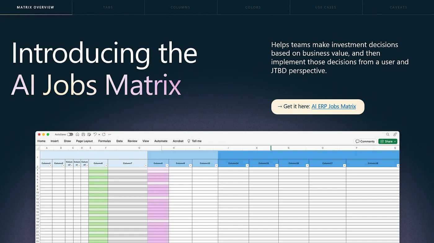 A dark-themed webpage displays the text "Introducing the AI Jobs Matrix," with a description and a button to access the matrix. Below, a spreadsheet with colored columns and rows is partially visible.