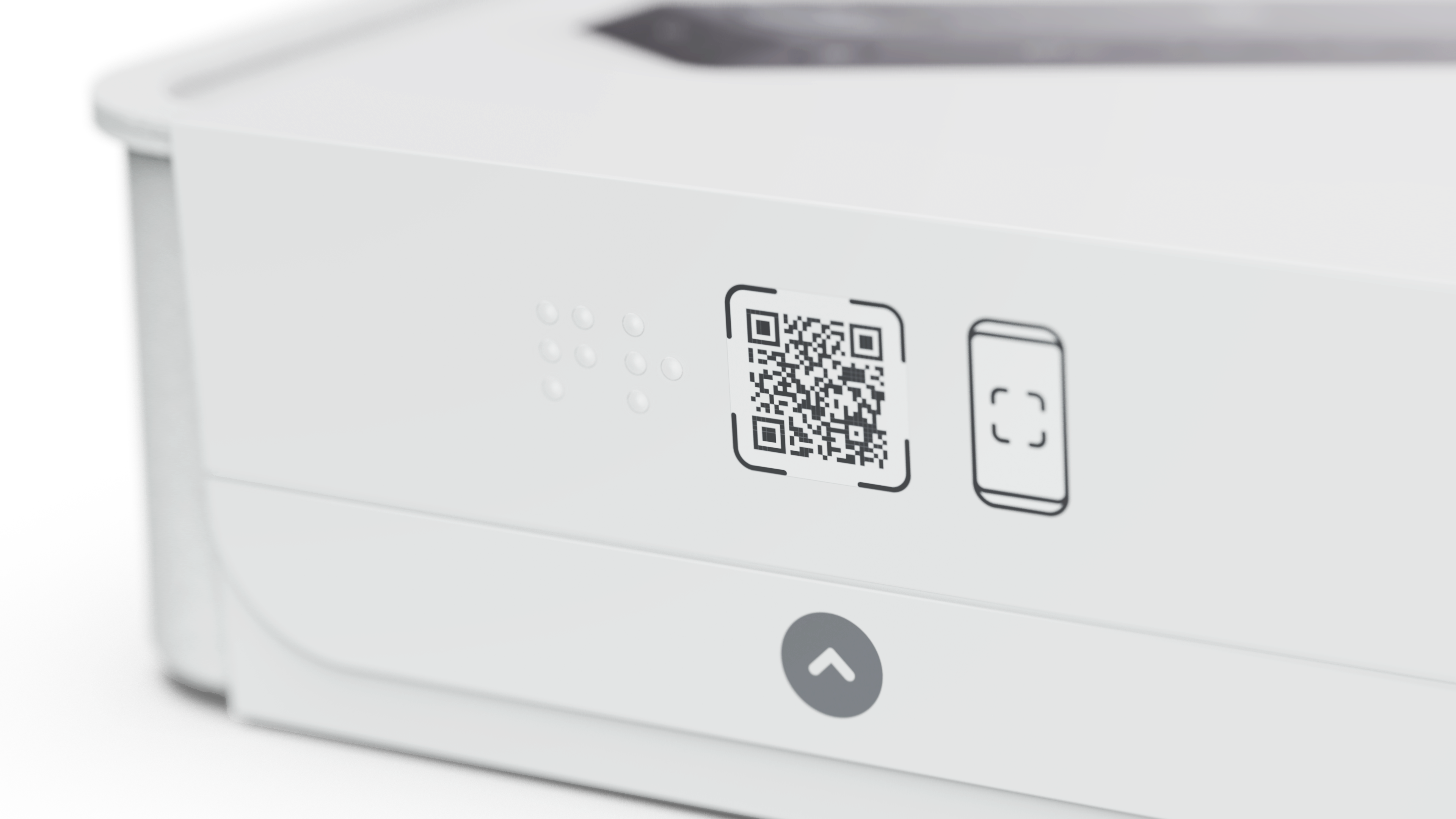 Close-up of a white electronic device featuring a QR code, a smartphone icon, and a button with an upward arrow.