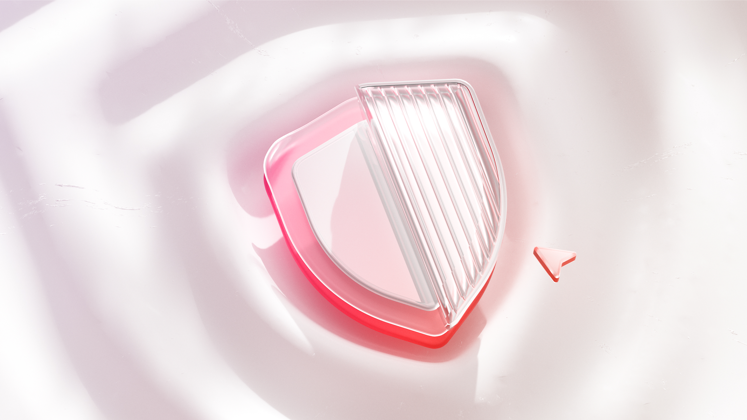 A translucent, abstract shield-like structure with ridged textures on a soft pink background. The shield casts gentle shadows, creating a wavy effect on the surface. A small triangular piece is separated from the main shape.