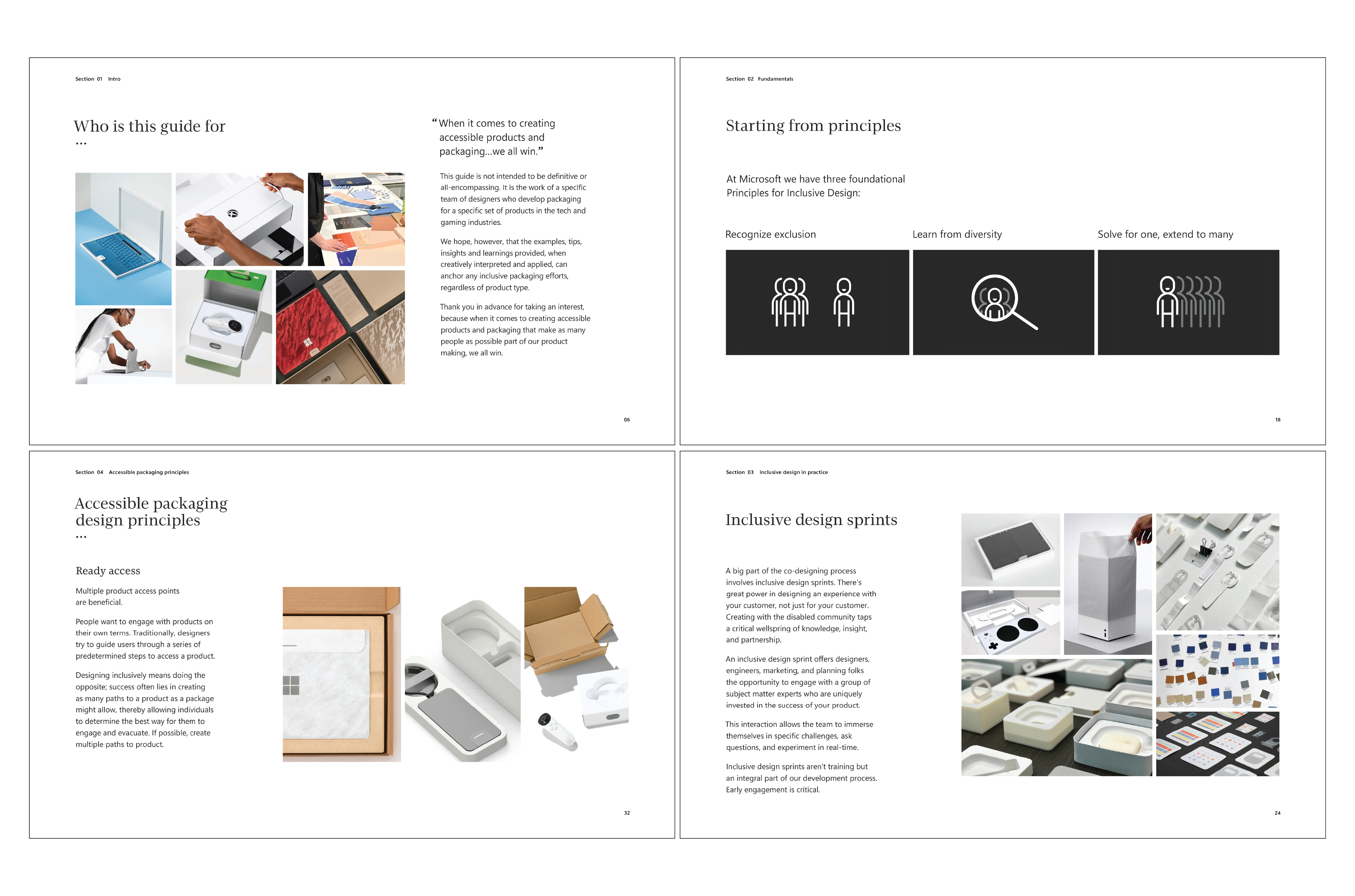 A four-page guide layout with images of packaging, diverse hands using tech, and design principles. Text discusses inclusive design, packaging accessibility, and design sprints. Icons represent stages of learning from diversity and extending ideas.