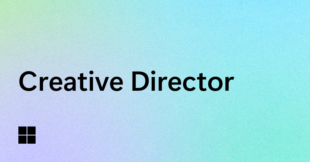 Text "Creative Director" in bold black font is centered on a gradient background transitioning from blue to green. A small black four-square logo is in the bottom left corner.