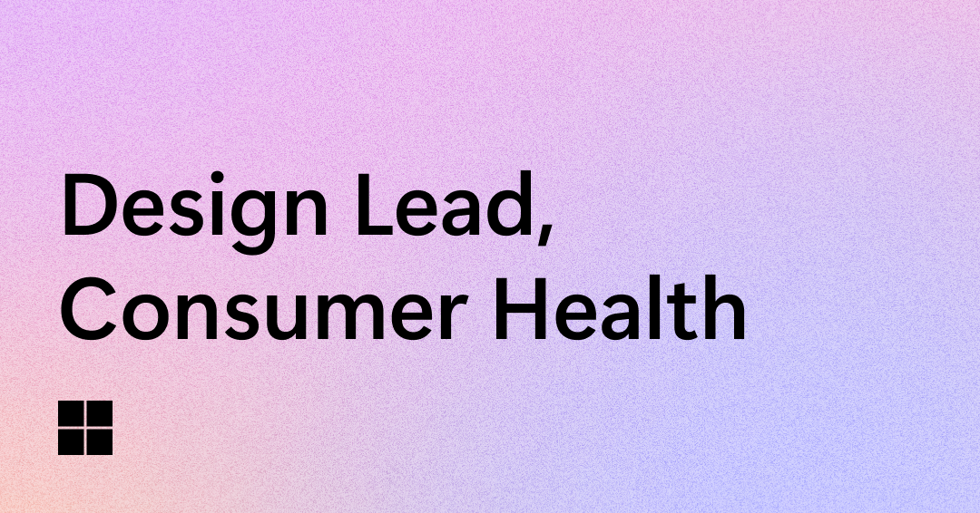 Text on a gradient background reads "Design Lead, Consumer Health" with a small square logo at the bottom left. The background transitions from a light pink to purple hue.