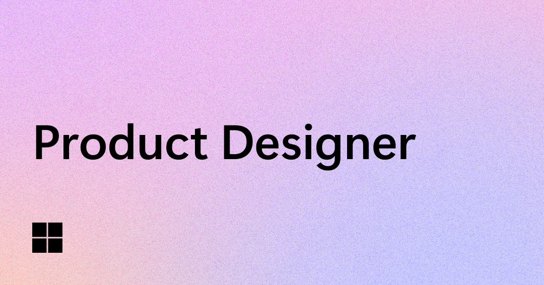 Text saying "Product Designer" is displayed against a smooth gradient background transitioning from purple to pink. A minimalist, four-pane window logo is in the bottom left corner.