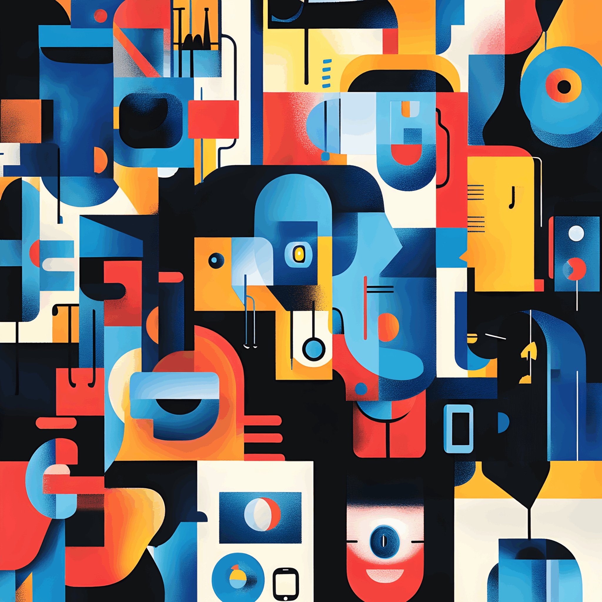 A vibrant abstract illustration composed of geometric shapes and stylized human faces in a bold color palette of blue, red, yellow, black, and cream. The composition features overlapping blocks, circles, lines, and curved forms, evoking a modernist, Bauhaus-inspired aesthetic with cultural and emotional depth.