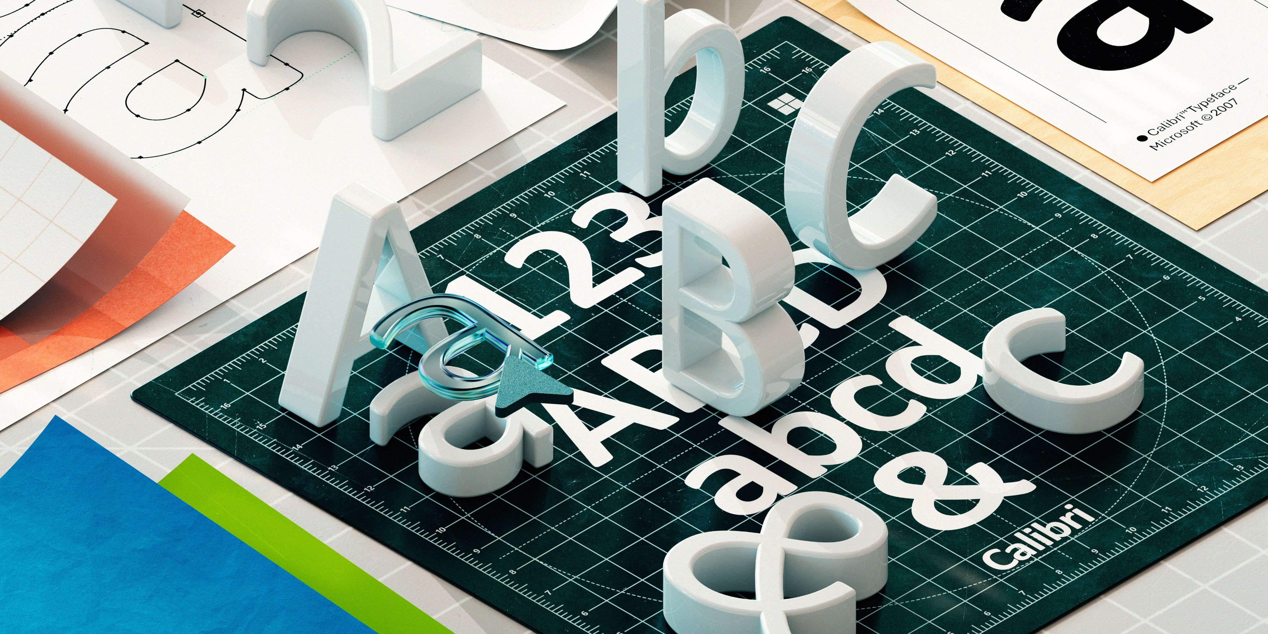 A green cutting mat with 3D letters, numbers, and symbols in white; surrounding papers show typeface samples and color swatches. The word "Calibri" is printed on the mat.