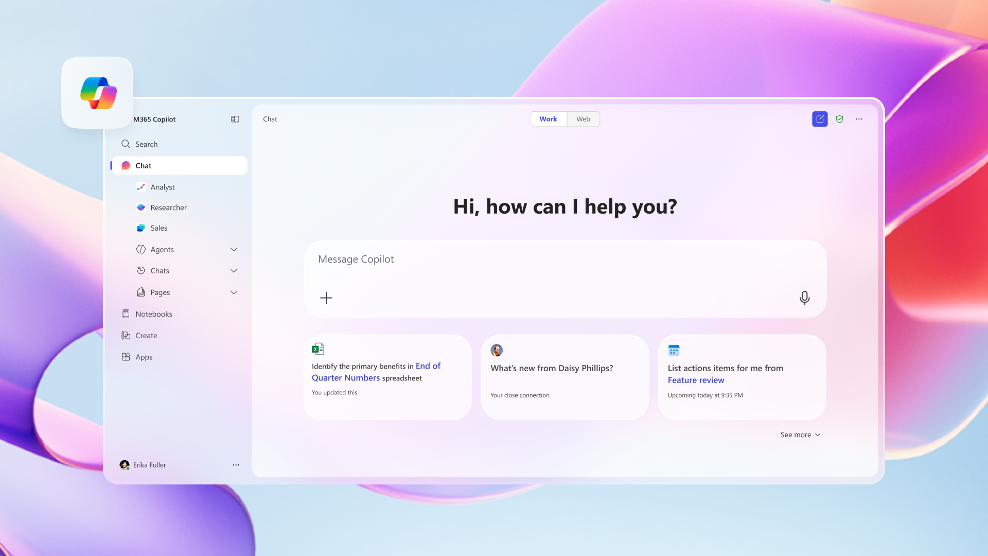 A desktop interface shows a chatbot window labeled "Hi, how can I help you?" with options to type a message or choose suggested tasks. A sidebar on the left lists sections like Chat, Agents, and Pages. The background features soft pastel colors.