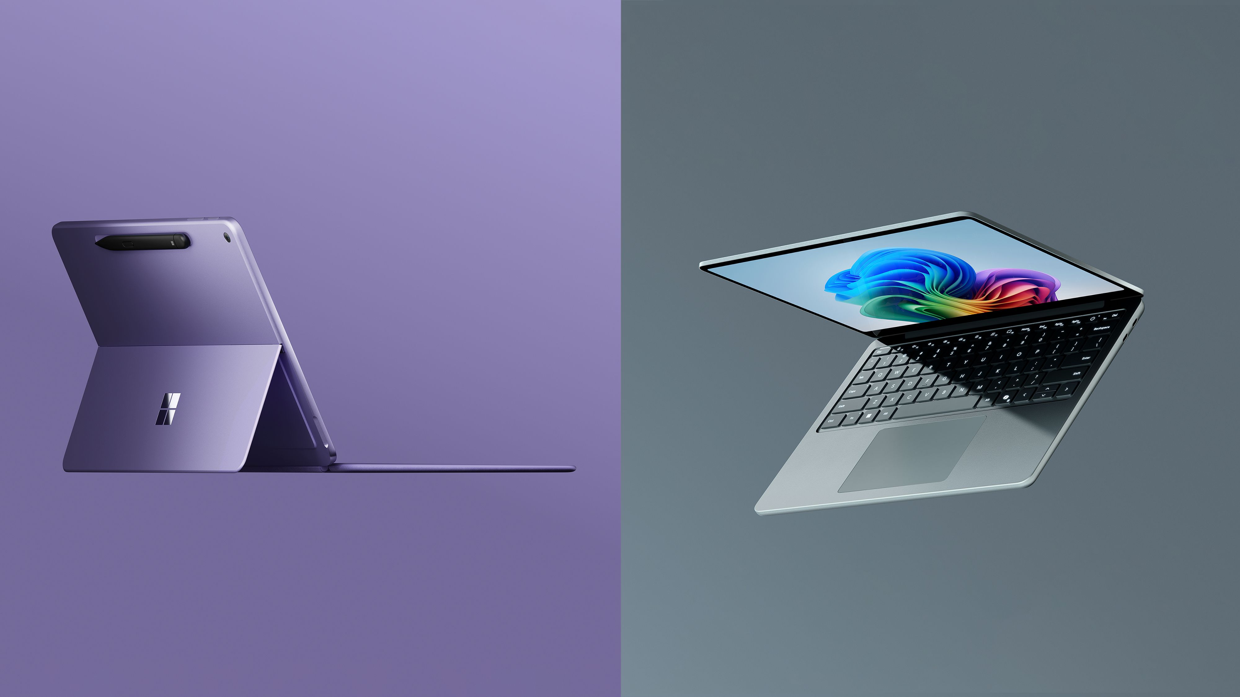 A purple tablet with a kickstand is shown on the left, and a silver laptop with a colorful screen is partially open on the right, both on solid color backgrounds.