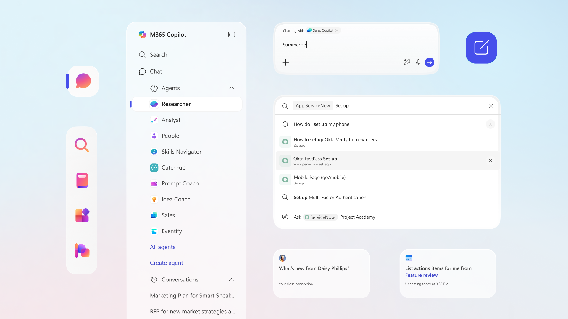 A modern digital dashboard displays a sidebar with menu options, a main panel with chat and search bars, interactive cards, and icons representing various tools and features on a light pastel gradient background.