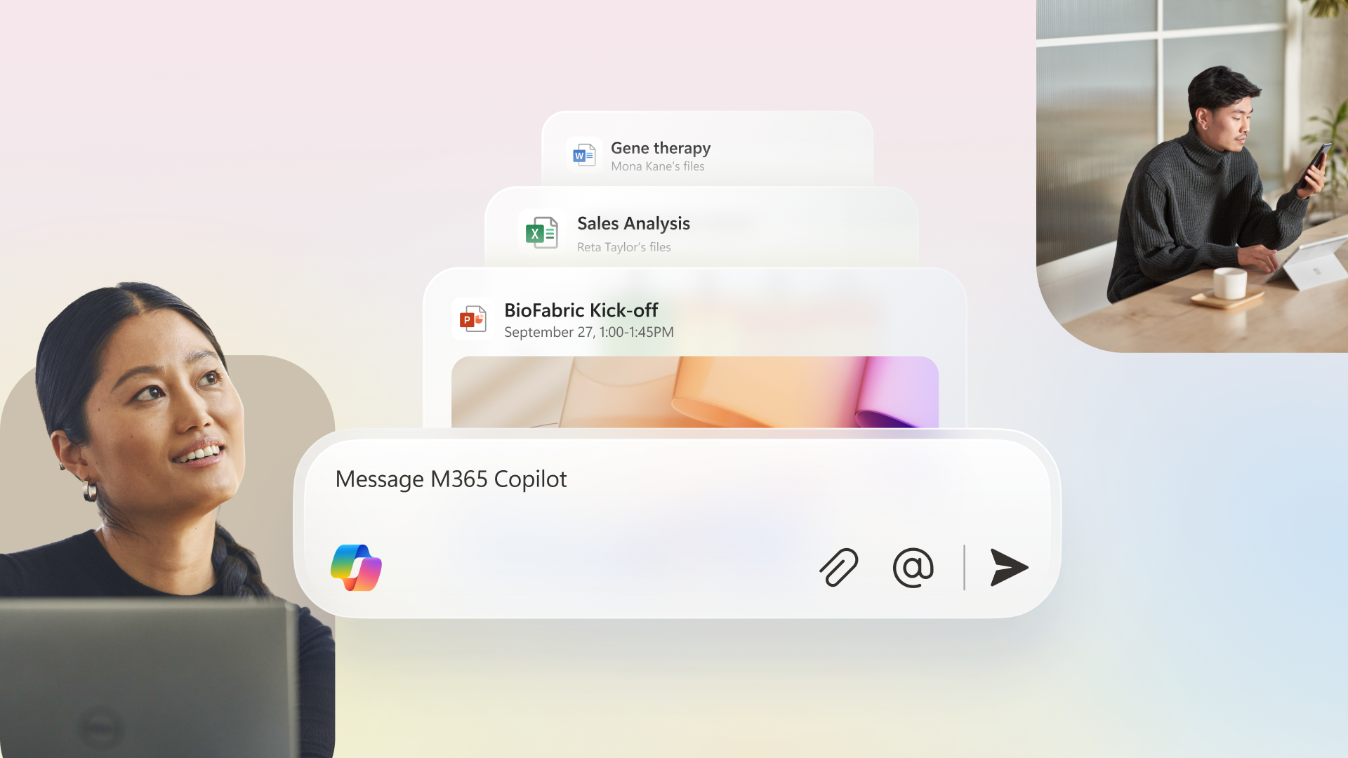 A woman smiles while using a laptop. Overlapping notifications show Gene therapy, Sales Analysis, and Biofabric Kick-off. A chat box reads "Message M365 Copilot." Inset: a man on his phone at a desk.