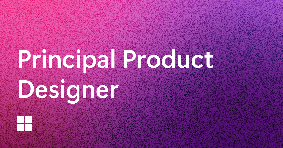 White text on a pink-to-purple gradient background reads "Principal Product Designer." A small white Windows logo appears in the bottom left corner.