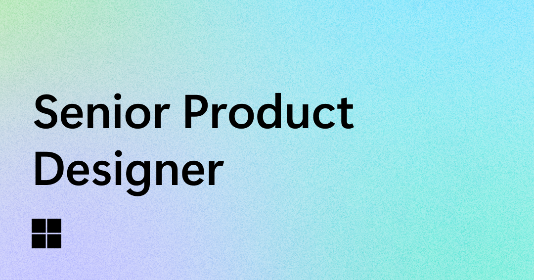 Text "Senior Product Designer" in bold black letters on a pastel blue-green gradient background, with a small black square logo consisting of four smaller squares in the bottom left corner.