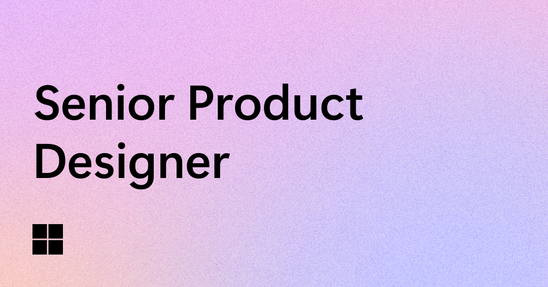 Text "Senior Product Designer" in bold black font on a pastel gradient background of pink, purple, and blue hues, with a small black window icon in the bottom left corner.