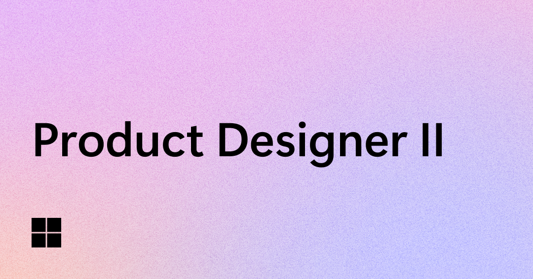Text on a soft gradient background reads "Product Designer II." A small black Windows logo appears in the lower left corner.