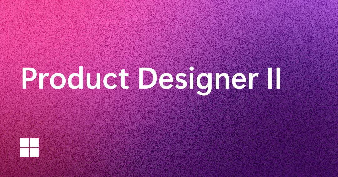 White text reads "Product Designer II" on a pink-to-purple gradient background. A small white window-shaped logo appears in the bottom left corner.