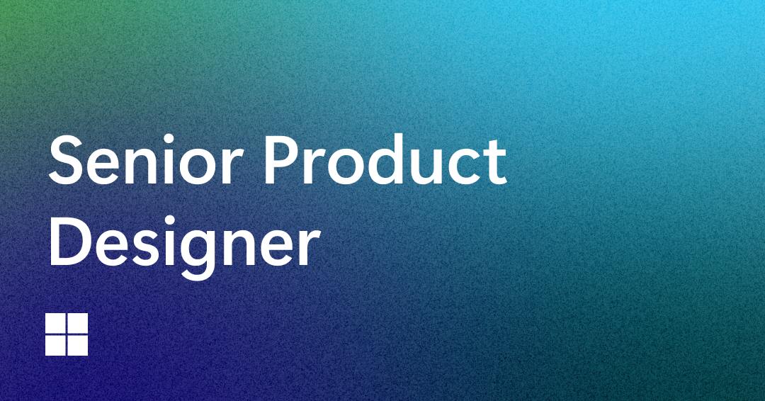 White text reads "Senior Product Designer" on a blue and green gradient background, with a small white four-square icon in the bottom left corner.