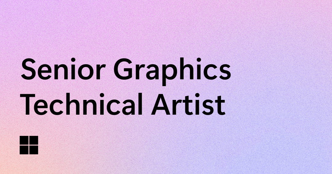Text on a gradient background reads "Senior Graphics Technical Artist." There is a small, four-pane window icon in the bottom left corner. The background transitions from pink to purple to light blue.