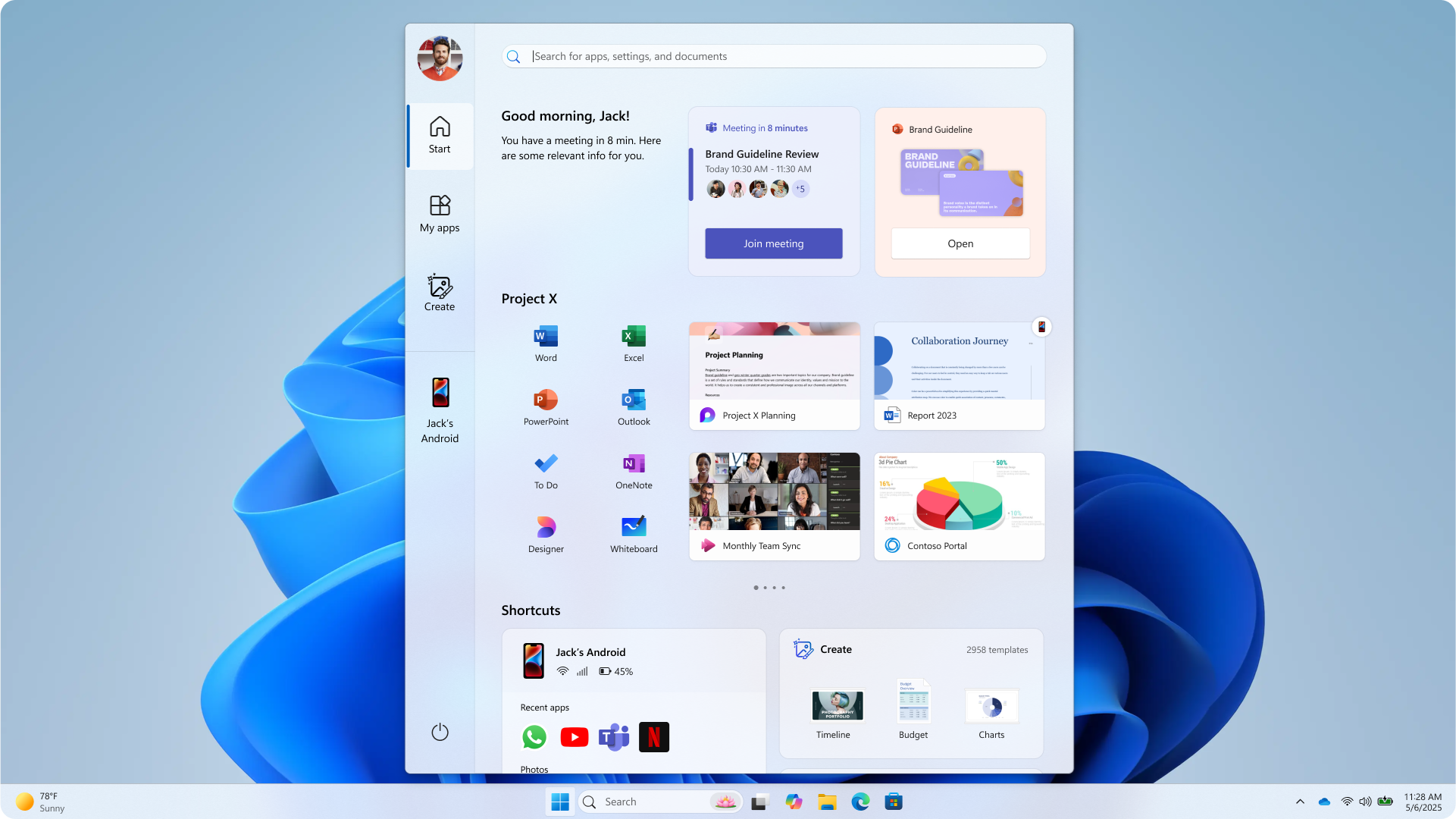 A Windows 11 desktop with the Start menu open, displaying app icons, widgets, a search bar, shortcuts, and calendar notifications against a blue abstract background. The taskbar is visible at the bottom of the screen.