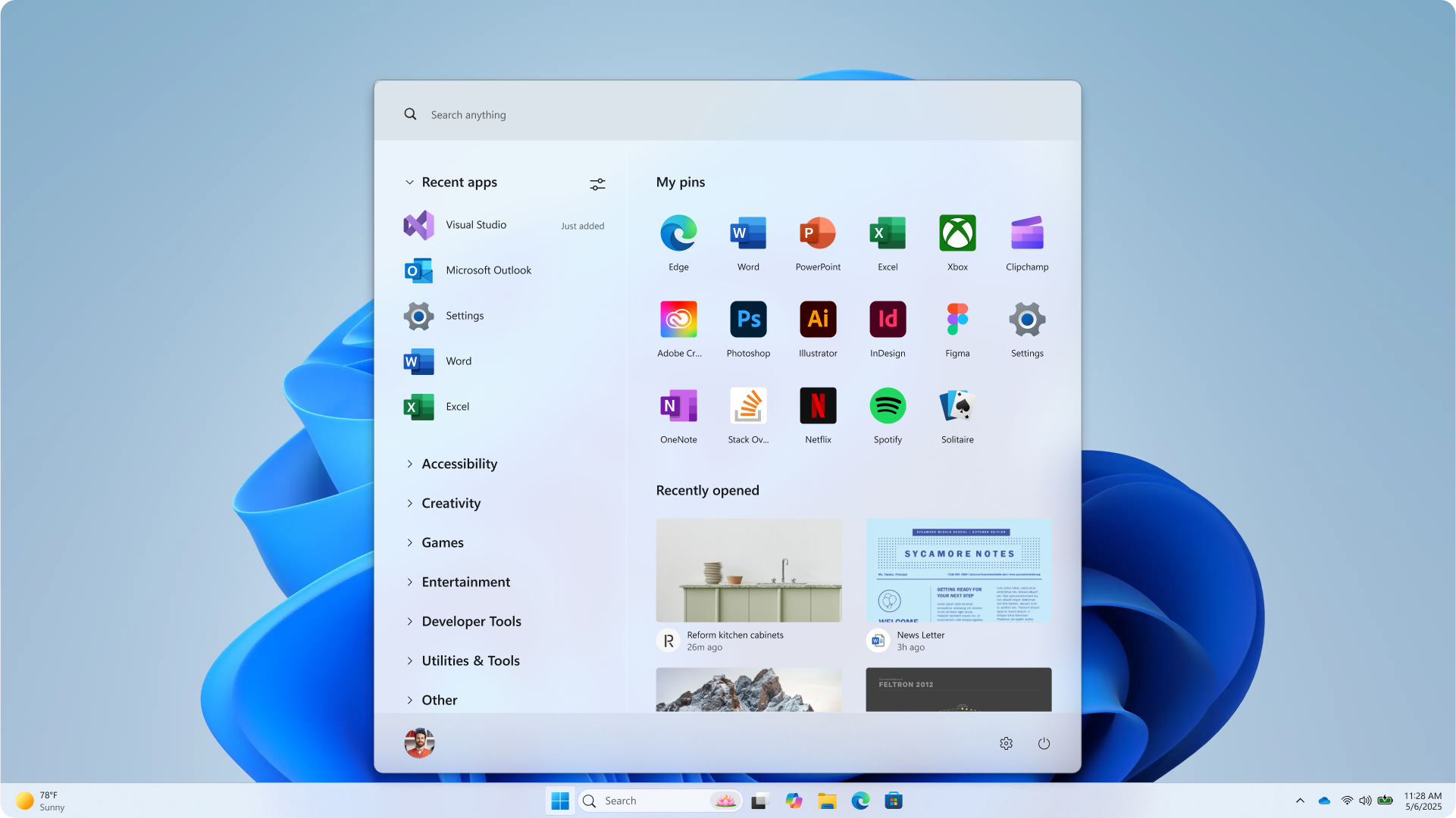 A Windows 11 desktop with the Start menu open, showing pinned apps like Edge, Word, Excel, and Photoshop. The taskbar at the bottom displays app icons, system tray, date, time, and weather in the bottom left corner.