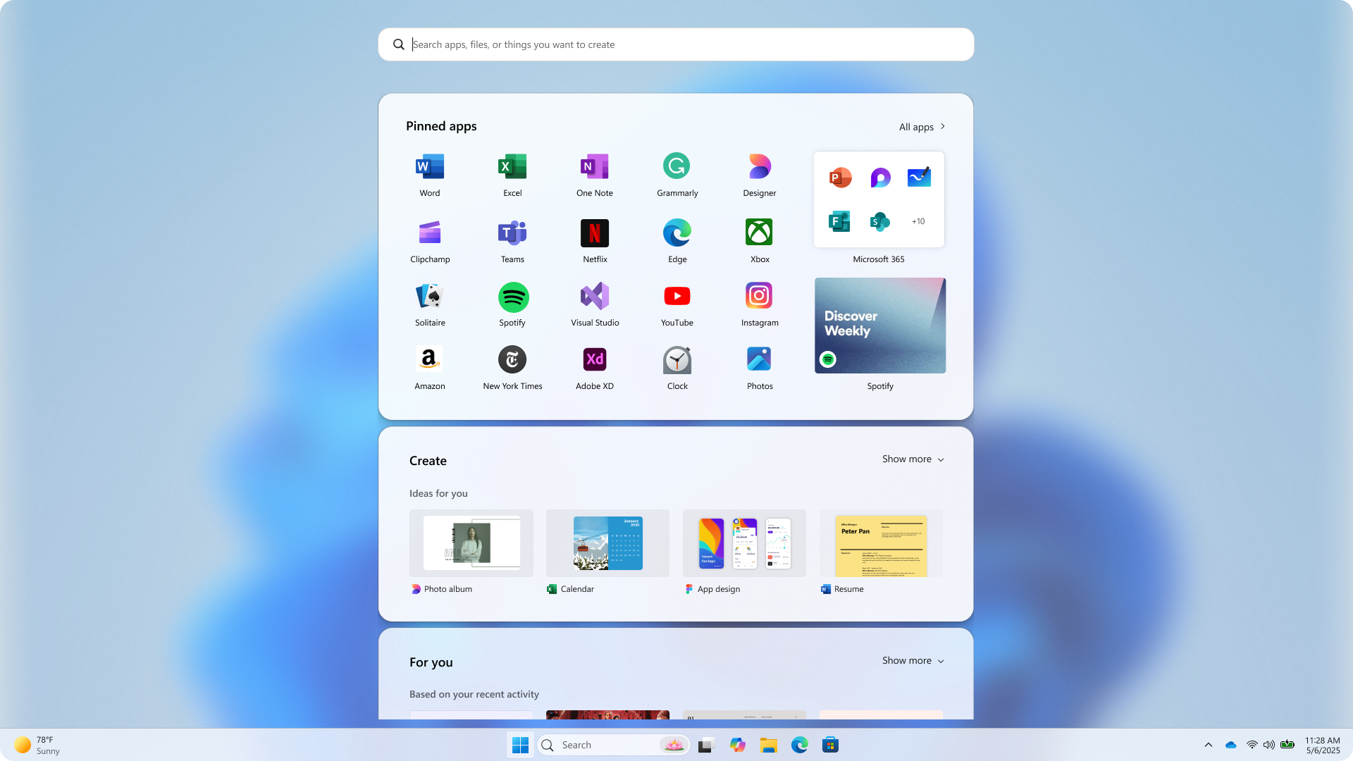 Screenshot of the Windows 11 Start menu showing a search bar at the top, a grid of pinned apps, a Discover Weekly widget, and sections for creating new files and recent activity. The taskbar is visible at the bottom.