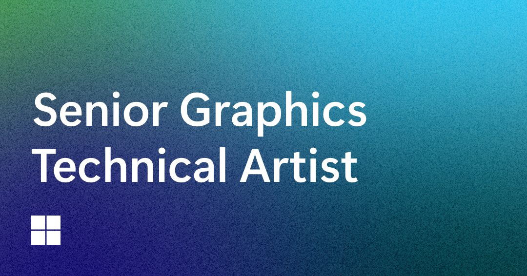 Text reads "Senior Graphics Technical Artist" on a gradient background of green, blue, and purple, with a small white four-square icon in the lower left corner.