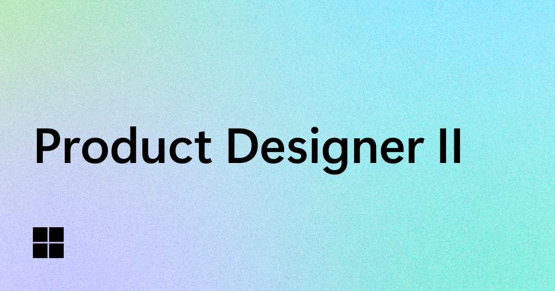 Text "Product Designer II" in bold black font on a soft pastel gradient background. A small black Windows logo appears in the lower left corner.