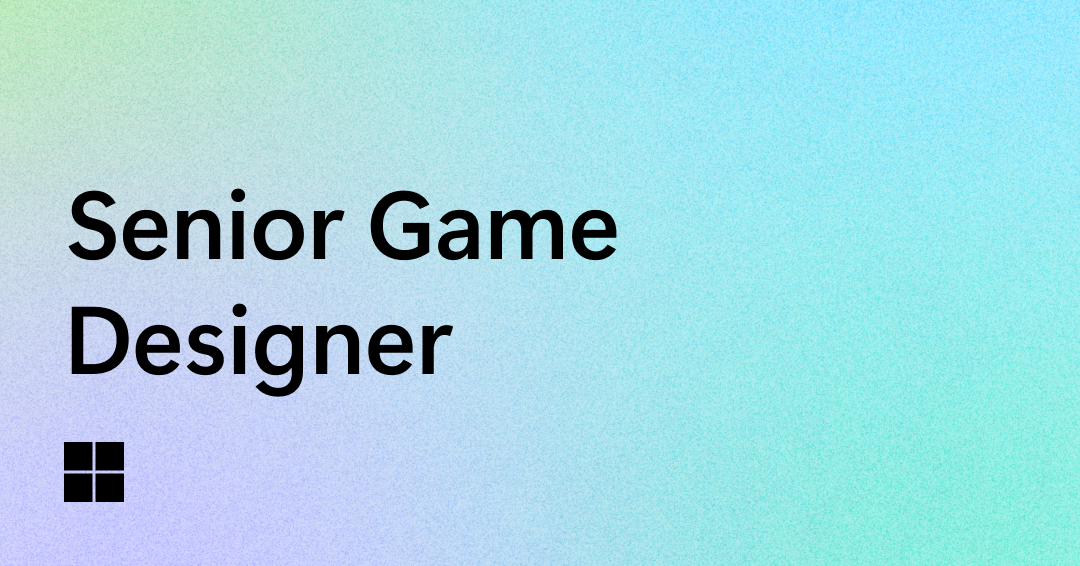 Text on a pastel gradient background reads "Senior Game Designer" with a small black square logo in the bottom left corner.