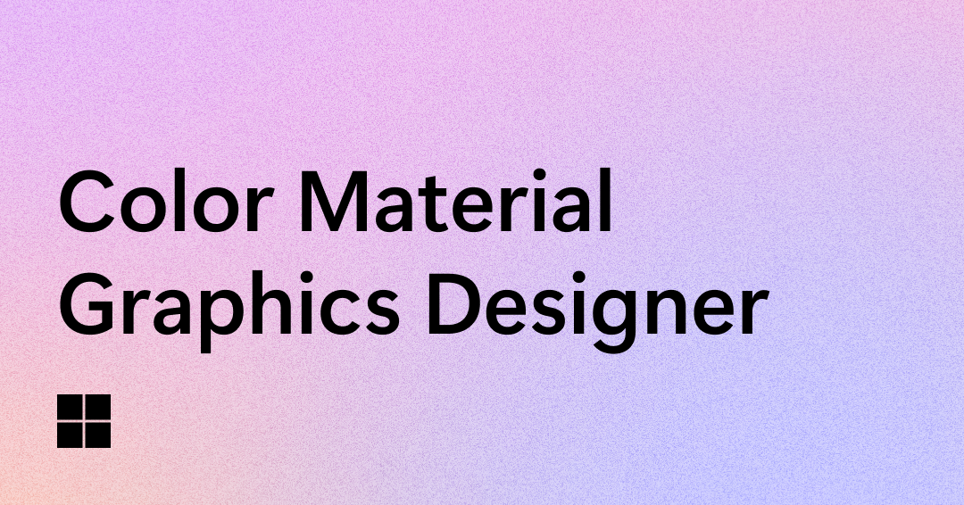 Text on a pastel gradient background reads "Color Material Graphics Designer" in large black font, with a small black window icon in the bottom left corner.