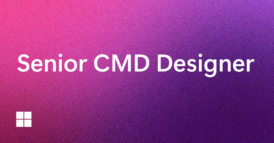 White text reading "Senior CMD Designer" on a pink-to-purple gradient background. A small white Windows logo appears in the bottom left corner.