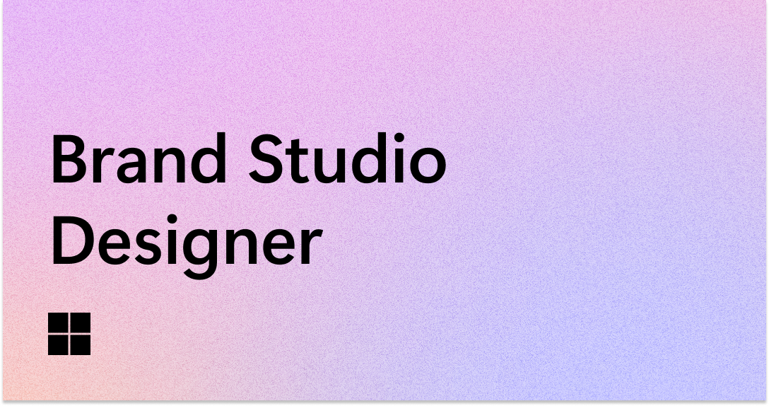 Text "Brand Studio Designer" and a four-square logo appear on a pastel gradient background blending pink, purple, and blue.